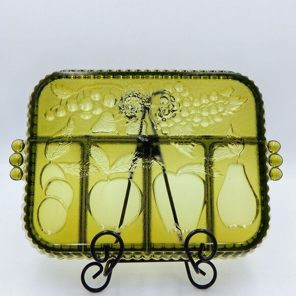 Indiana Glass Olive Green Divided Relish Tray Platter Snack Plate Fruit Design - Picture 2 of 7